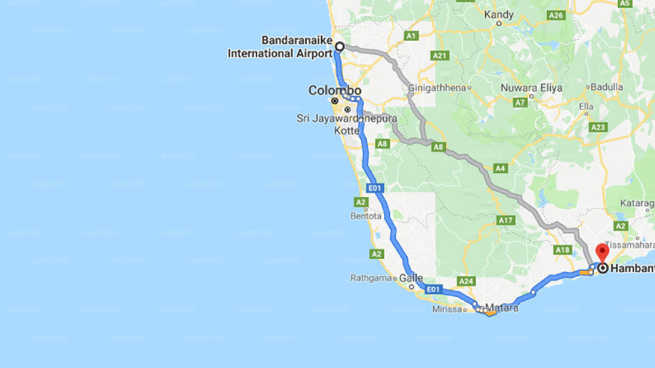 Transfer between Colombo Airport (CMB) and Peacock Beach Hotel, Hambantota