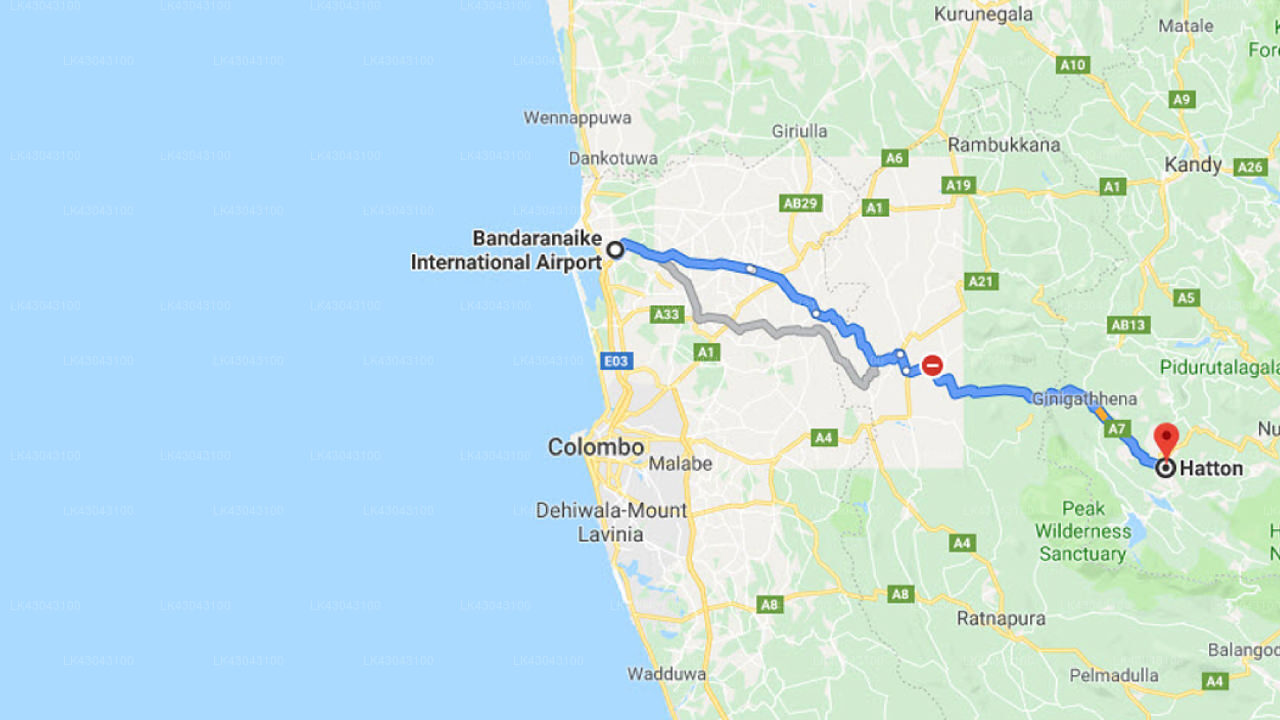 Transfer between Colombo Airport (CMB) and The Castlereagh Resort, Hatton