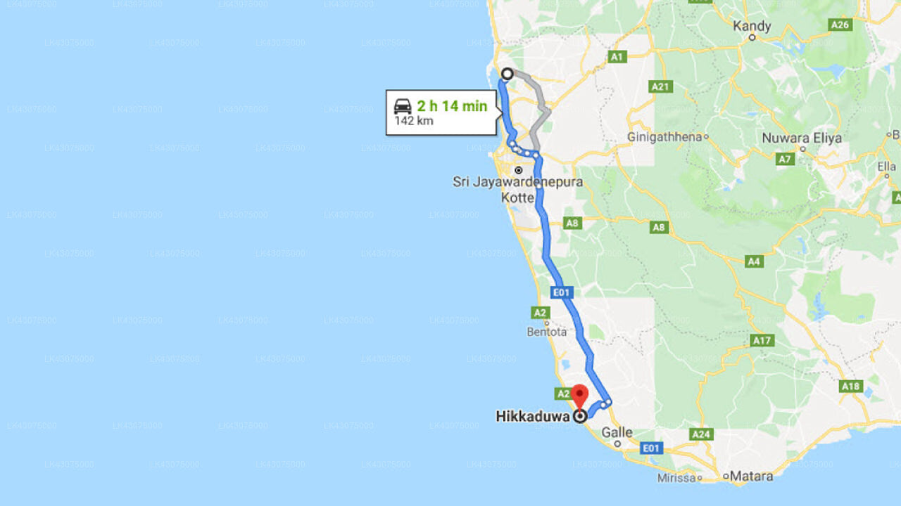 Transfer between Colombo Airport (CMB) and Coral Reef Beach Hotel, Hikkaduwa