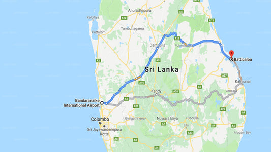 Transfer between Colombo Airport (CMB) and Co-Op Inn Guest House, Batticaloa