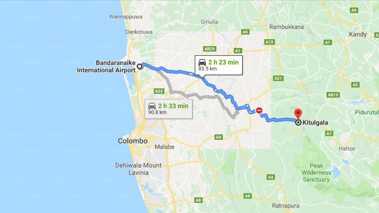 Transfer between Colombo Airport (CMB) and Sisira's River Lounge, Kitulgala