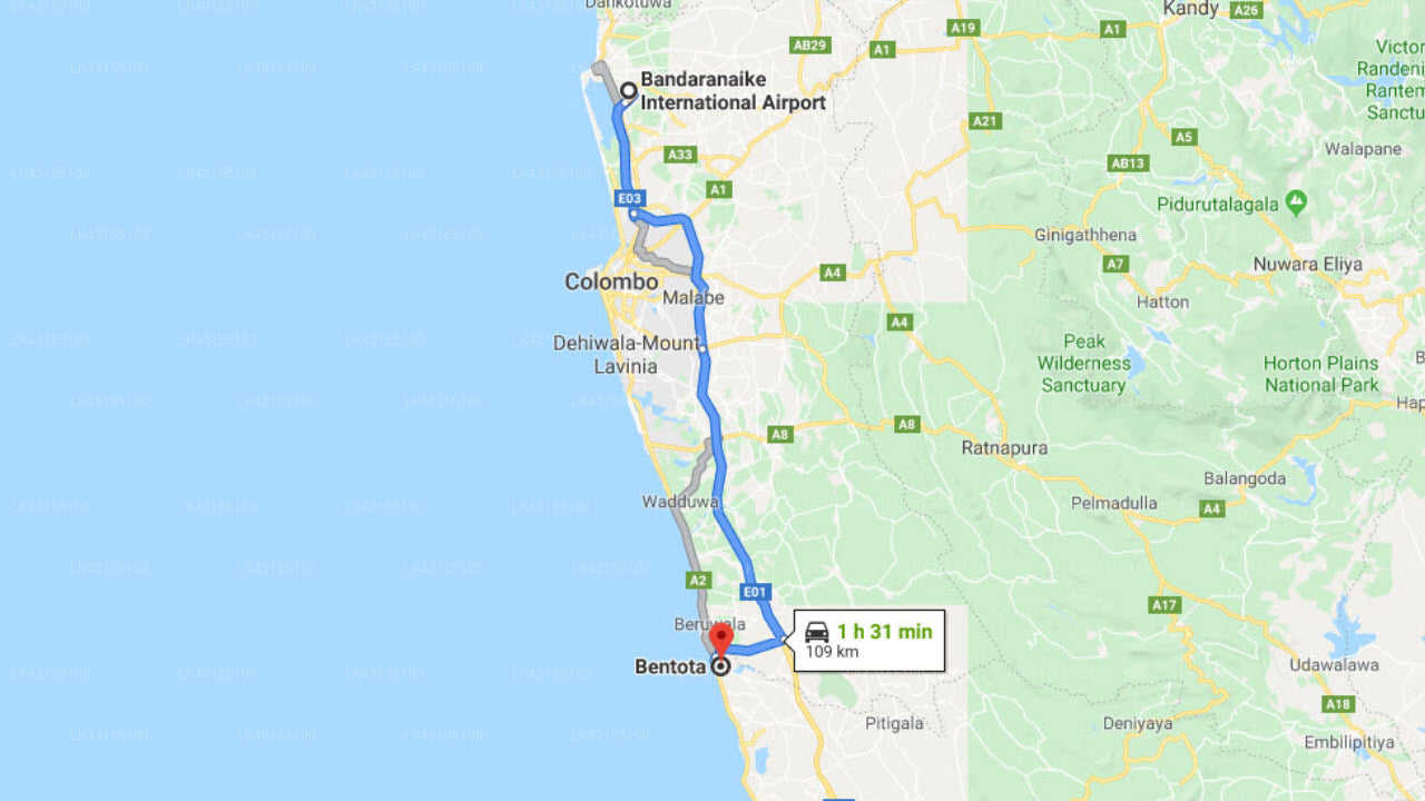 Transfer between Colombo Airport (CMB) and Apsara Villa, Bentota