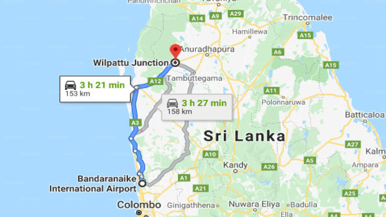 Transfer between Colombo Airport (CMB) and Dolosmahe Guest House, Wilpattu