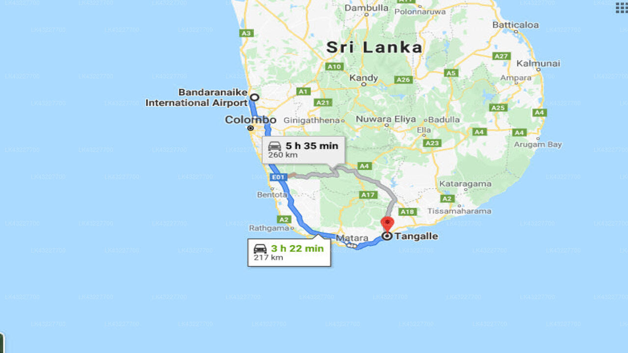 Transfer between Colombo Airport (CMB) and Walatta House, Tangalle
