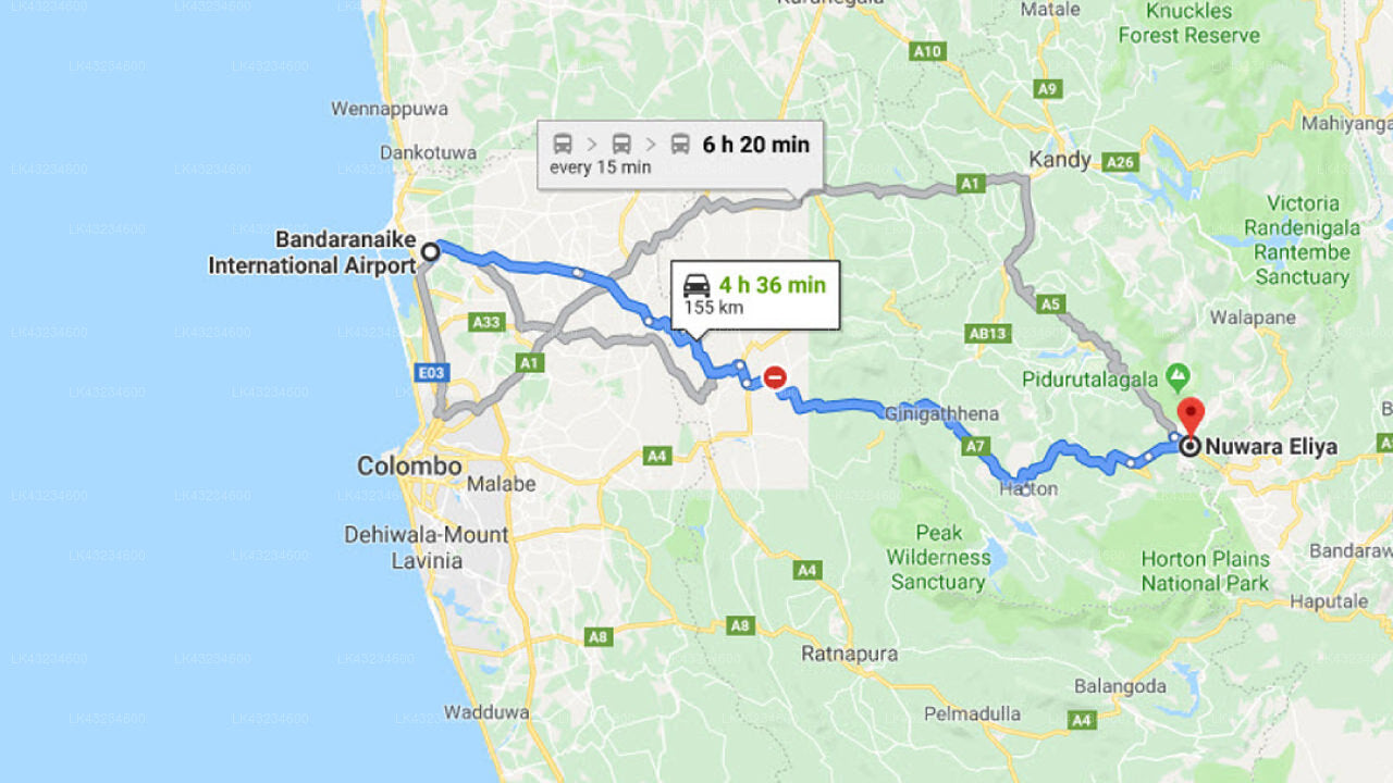Transfer between Colombo Airport (CMB) and Villa Acacia, Nuwara Eliya